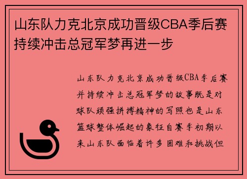 山东队力克北京成功晋级CBA季后赛 持续冲击总冠军梦再进一步