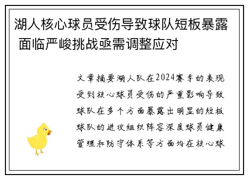 湖人核心球员受伤导致球队短板暴露 面临严峻挑战亟需调整应对