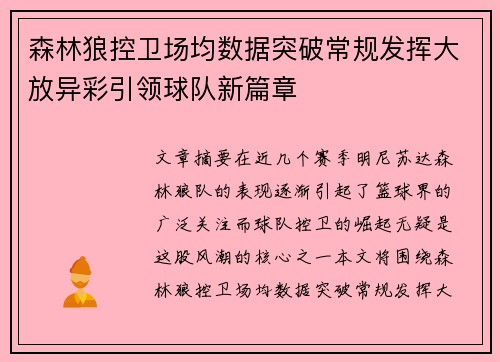 森林狼控卫场均数据突破常规发挥大放异彩引领球队新篇章