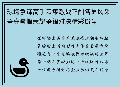 球场争锋高手云集激战正酣各显风采争夺巅峰荣耀争锋对决精彩纷呈
