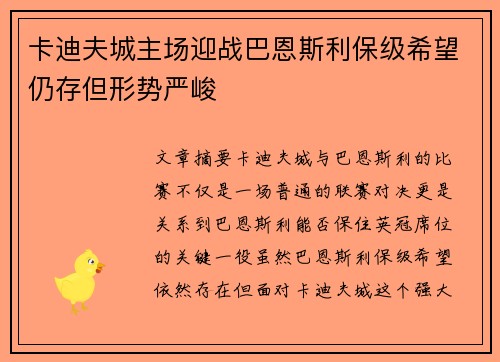 卡迪夫城主场迎战巴恩斯利保级希望仍存但形势严峻