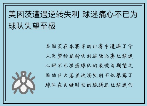 美因茨遭遇逆转失利 球迷痛心不已为球队失望至极