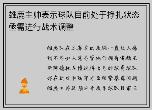 雄鹿主帅表示球队目前处于挣扎状态亟需进行战术调整