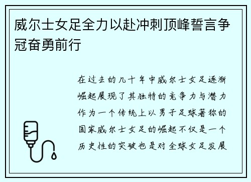 威尔士女足全力以赴冲刺顶峰誓言争冠奋勇前行